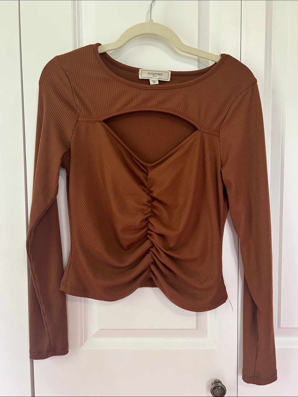 No Comment Cutout Ruched Long-Sleeve Top in Rust Brown
